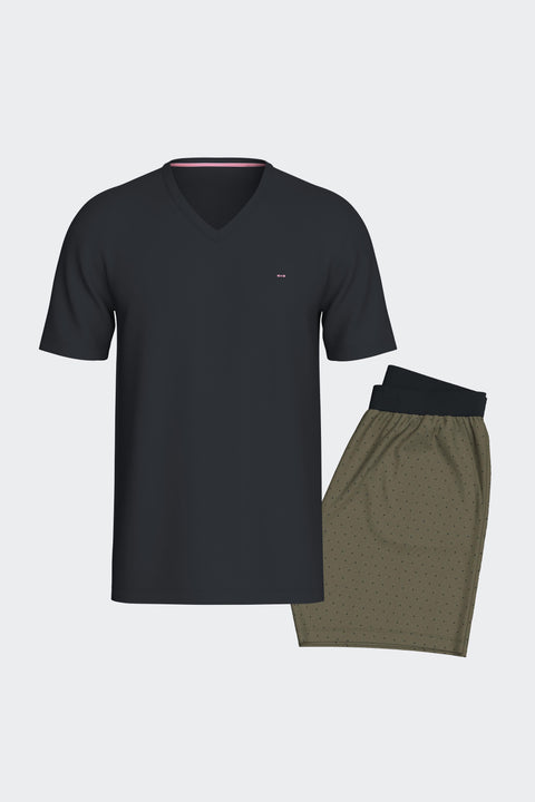 Pyjama court en coton kaki et marine - Image 1