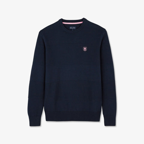 Dark blue round-neck jumper in combination knit - Image 2