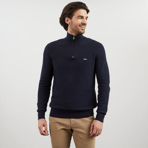 Dark blue zip-neck jumper in decorative cable knit - Image 3