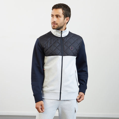 Sweat gris clair zippé bimatière à détails tricolores - Image 3