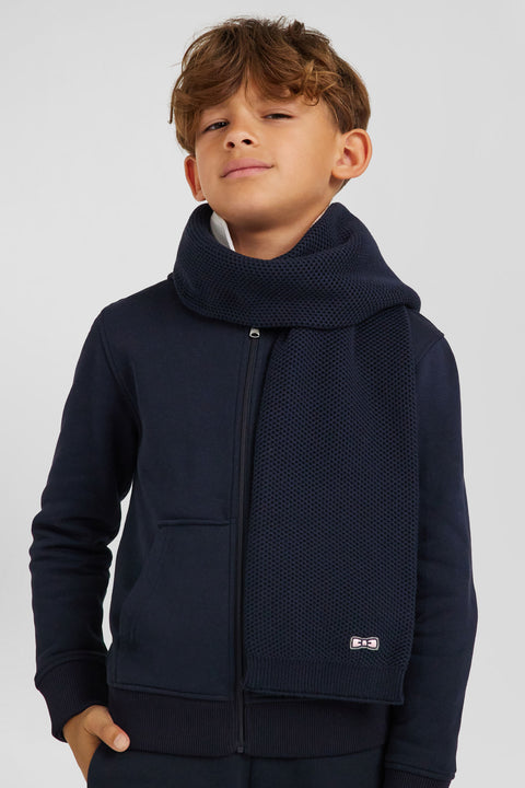 Plain navy blue cotton scarf with embroidered bow tie - Image 1