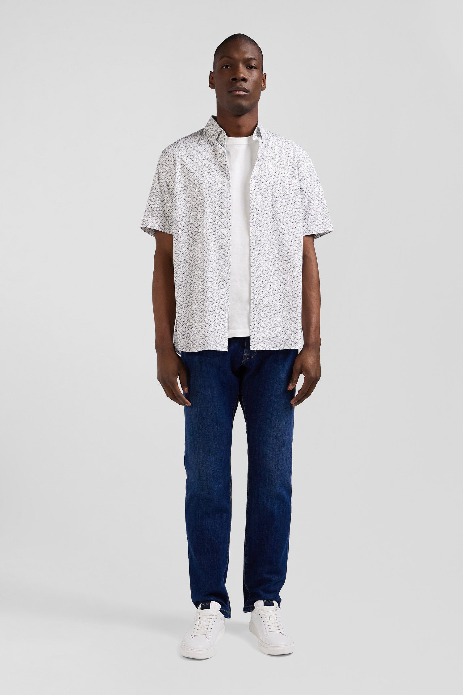 Chemise manches courtes en coton ecru microimprime coupe Regular