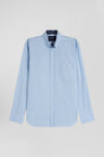 Regular sky blue cotton poplin shirt with button-down collar and printed elbow patches