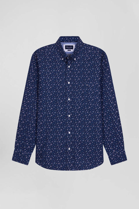Regular navy blue cotton poplin shirt with micro floral print - Image 2