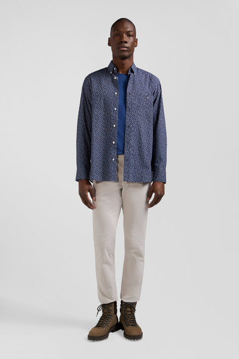Regular navy cotton poplin shirt with micro floral print - Image 1