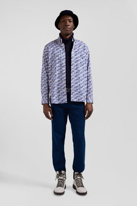Regular blue cotton poplin shirt with floral print - Image 1