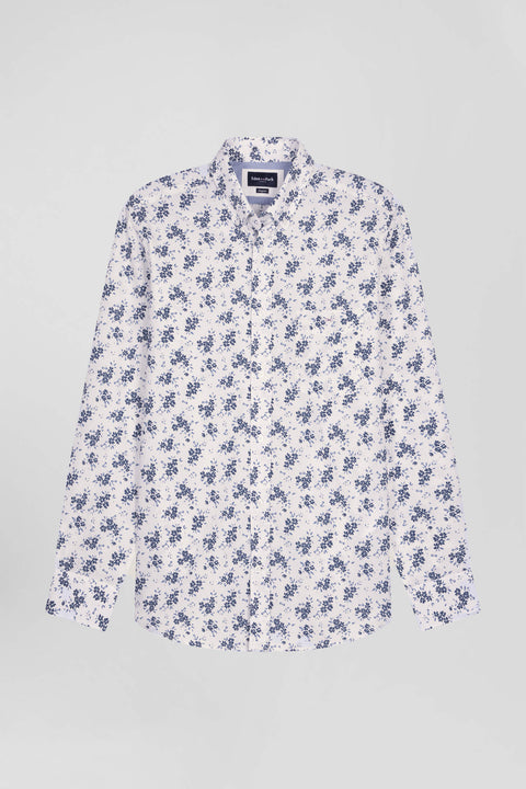 Regular ecru cotton poplin shirt with navy floral print - Image 2