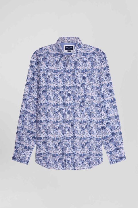 Regular ecru and blue cotton shirt with graphic print - Image 2