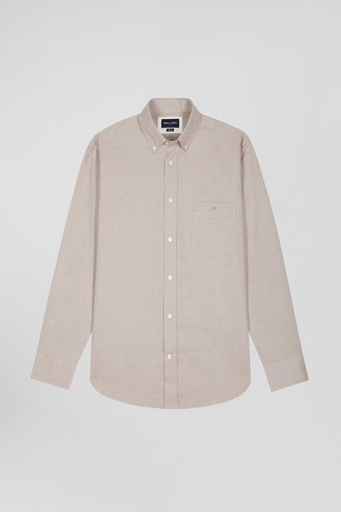 Regular plain brown cotton twill shirt with button-down collar - Image 2
