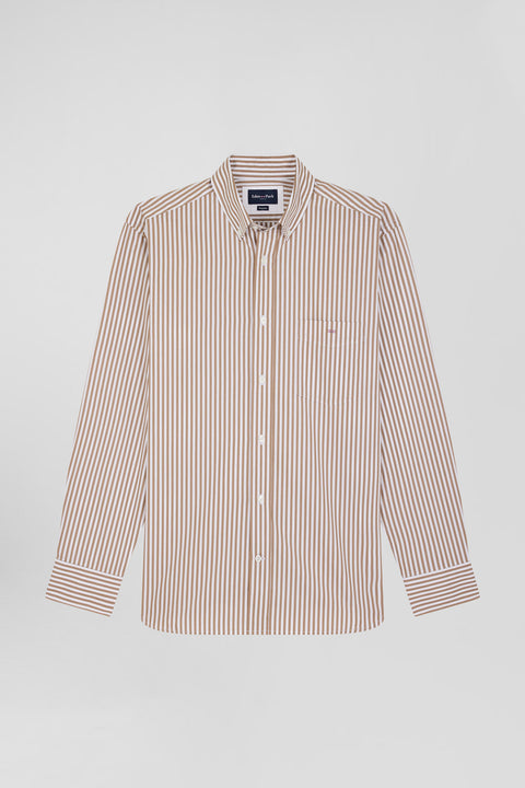 Regular brown striped cotton poplin shirt - Image 2