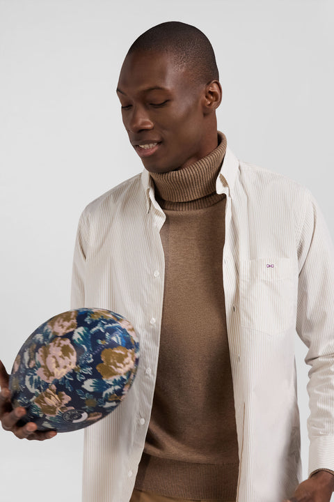 Regular Beige striped cotton jacquard shirt - Image 3