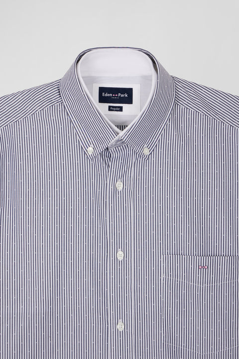Regular navy blue cotton jacquard shirt with baton stripes - Image 3