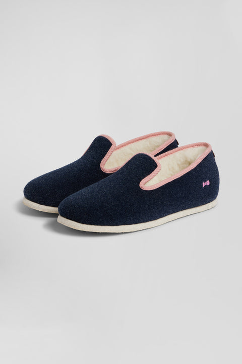 Navy blue shearling slippers with pink trim - Image 3