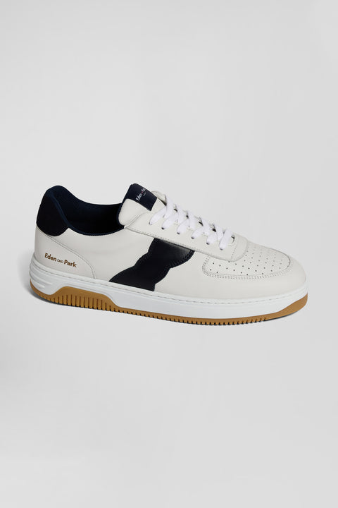 White low-top leather sneakers with navy blue cut-out - Image 1