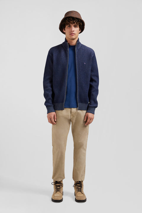 Regular navy blue wool and cotton zipped cardigan - Image 1