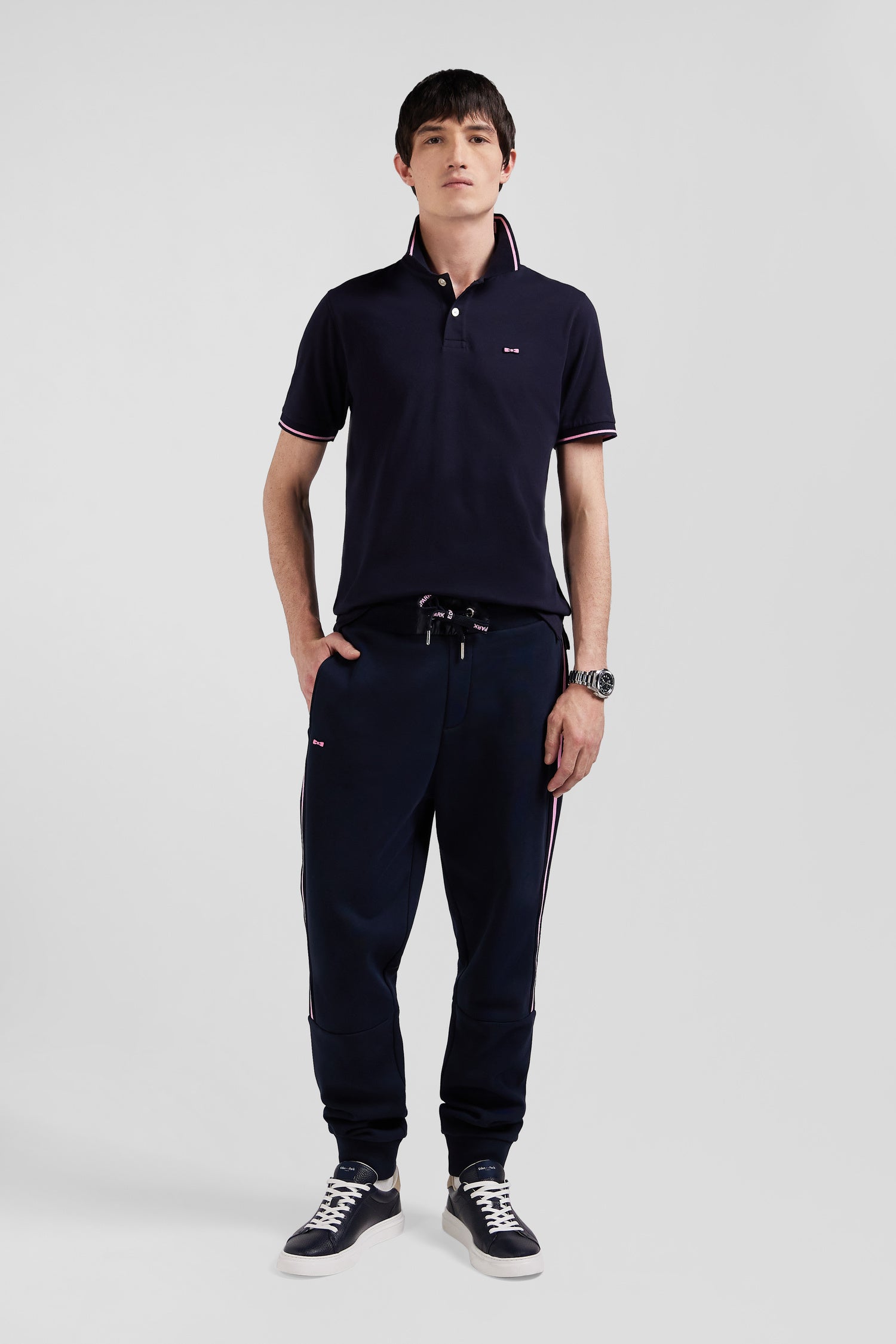 Pantalon jogging en coton melange bleu marine galon raye coupe Regular
