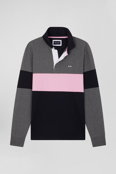 Regular green long-sleeved colourblock cotton rugby shirt with back embroidery - Image 2