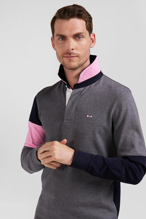 Regular grey long-sleeved cotton rugby shirt with tie fabric patchwork - Image 3