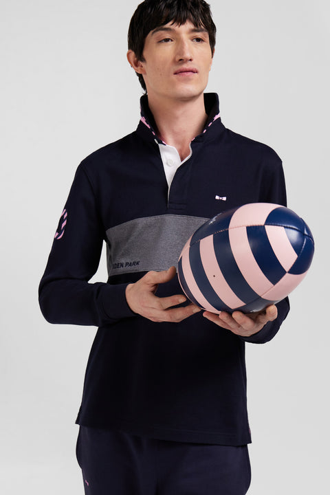 Regular navy long-sleeved cotton rugby shirt with sleeve N°10 embroidery - Image 3