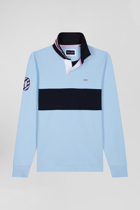 Regular sky blue long-sleeved cotton rugby shirt with sleeve N°10 embroidery - Image 2