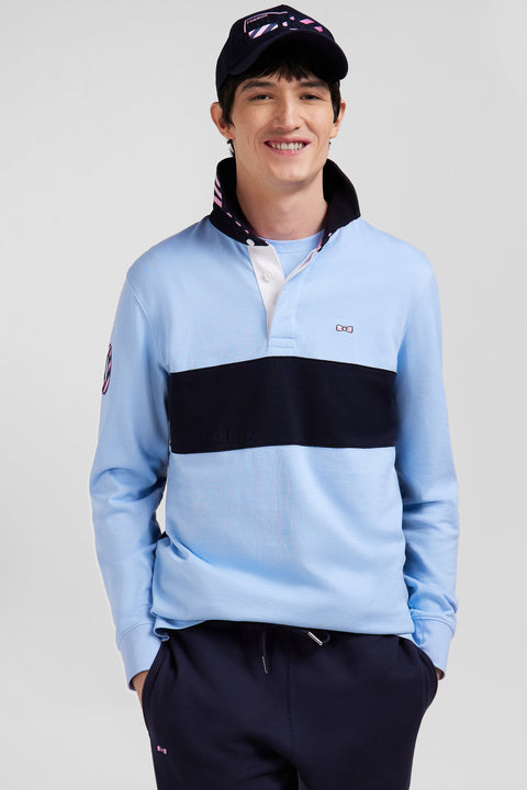 Regular sky blue long-sleeved cotton rugby shirt with sleeve N°10 embroidery - Image 3