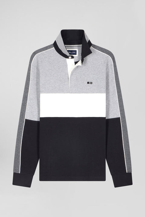 Regular black long-sleeved cotton rugby shirt with back embroidery and piping - Image 2