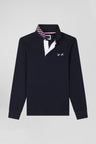 Regular navy blue striped long-sleeved cotton rugby shirt with tie fabric patchwork