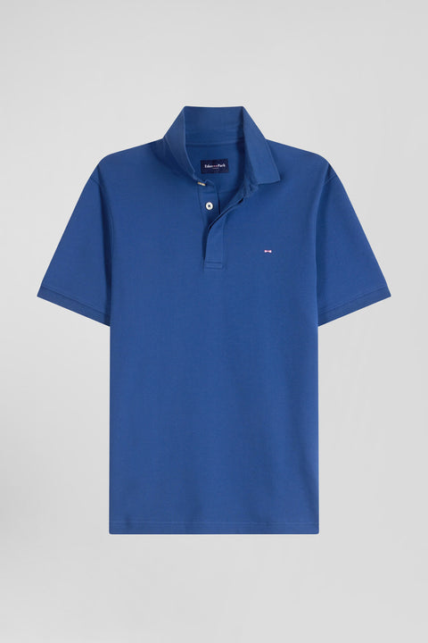 Slim dark blue short-sleeved stretch cotton polo shirt - Image 2