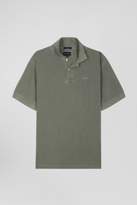 Oversized khaki unisex short-sleeved cotton piqué polo shirt - Image 3