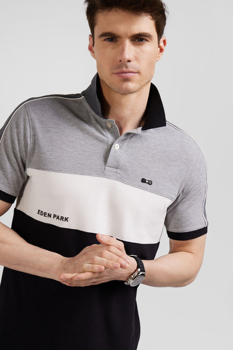 Regular black tricolor short-sleeved cotton piqué polo shirt with Eden Park lettering - Image 3