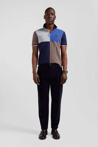 Short-sleeved polo shirt, cut and sewn, dark blue cotton piqué, regular fit