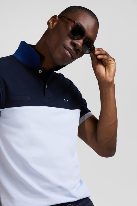 Regular sky blue short-sleeved cotton piqué polo shirt with bow tie embroidery and contrasting details - Image 3