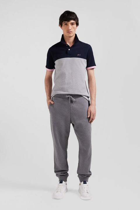 Regular grey short-sleeved cotton piqué polo shirt with bow tie embroidery and contrasting details - Image 1
