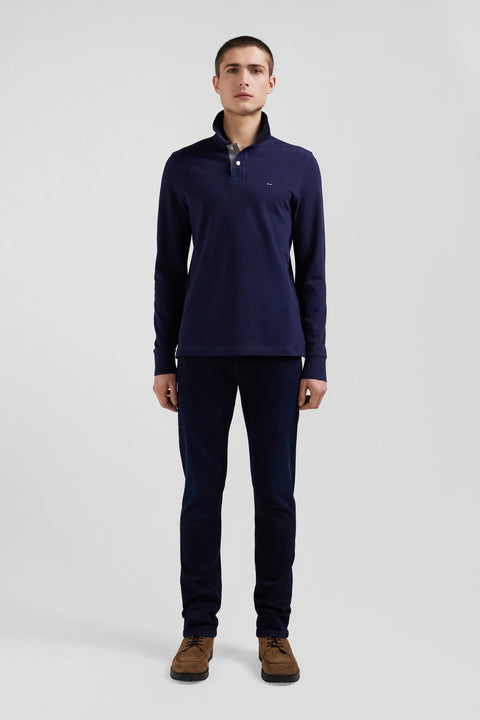 Long-sleeved navy blue cotton piqué polo shirt - Image 1