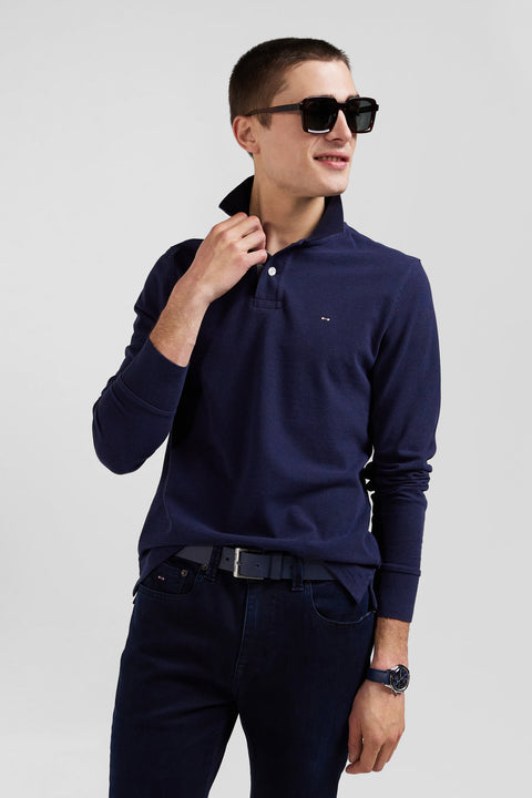 Long-sleeved navy blue cotton piqué polo shirt - Image 3