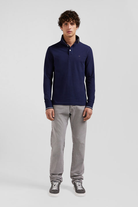 Slim navy blue long-sleeved stretch cotton polo shirt with striped finishes - Image 1
