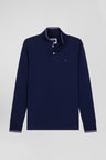 Slim navy blue long-sleeved stretch cotton polo shirt with striped finishes