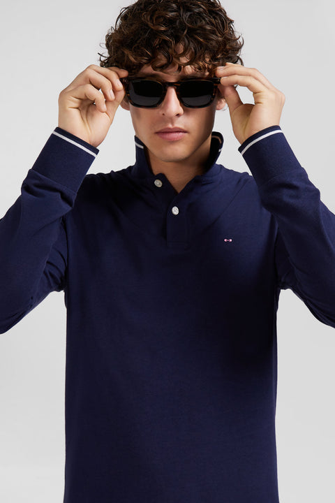 Slim navy blue long-sleeved stretch cotton polo shirt with striped finishes - Image 3