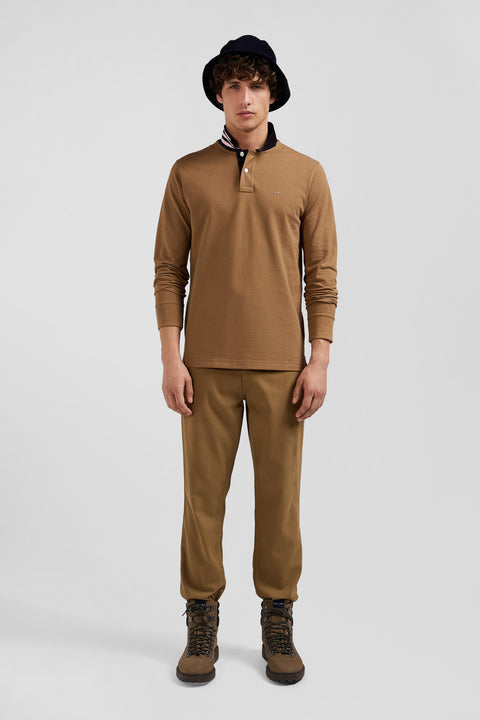 Polo manches longues en piqué coton noisette col cerclé coupe Regular - Image 1