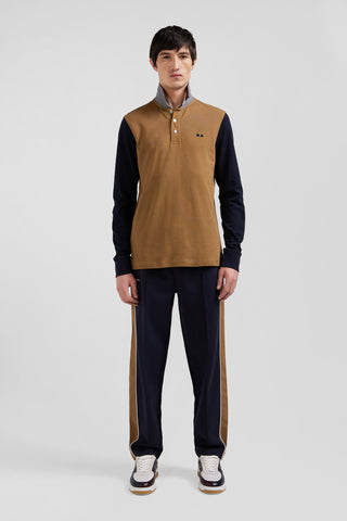 Long-sleeved polo shirt in two-tone cotton piqué with hazelnut jacquard collar Regular fit