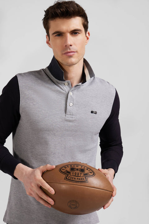 Regular black bicolor long-sleeved cotton piqué polo shirt with jacquard collar - Image 3