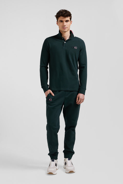 Regular green long-sleeved cotton piqué polo shirt with pink details - Image 1