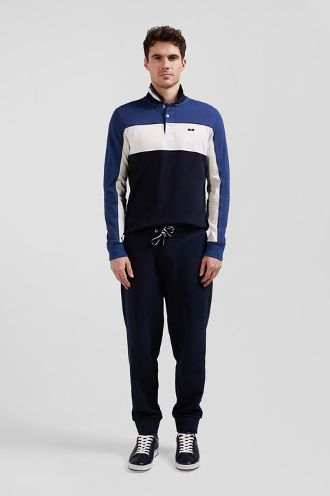 Regular blue tricolor long-sleeved cotton piqué polo shirt - Image 1