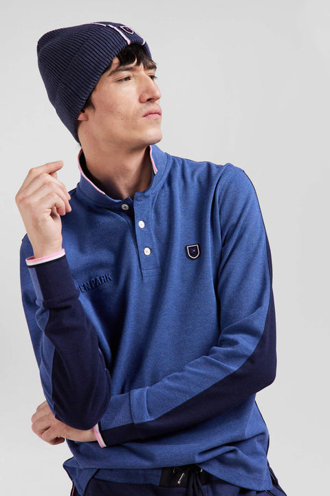 Regular dark blue long-sleeved cotton piqué polo shirt with tricolor details - Image 3