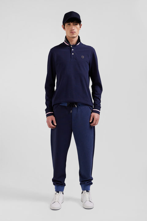 Regular navy blue long-sleeved cotton piqué polo shirt with rubber badge - Image 1