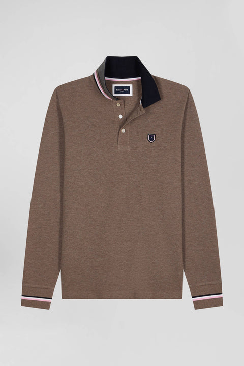 Polo manches longues en piqué coton marron écusson gomme coupe Regular - Image 2
