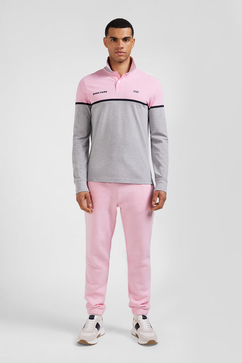 Regular pink bicolor long-sleeved cotton piqué polo shirt - Image 1