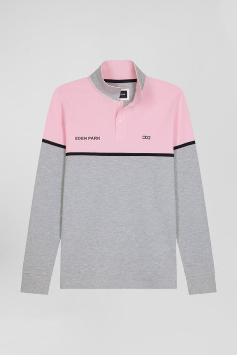 Regular pink bicolor long-sleeved cotton piqué polo shirt - Image 2