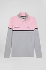 Regular pink bicolor long-sleeved cotton piqué polo shirt