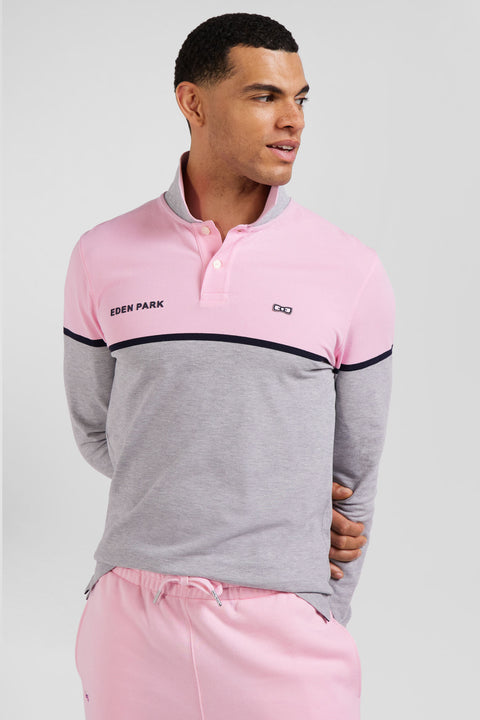 Regular pink bicolor long-sleeved cotton piqué polo shirt - Image 3